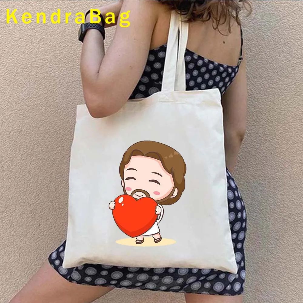 Cartoon Jesus Christ Floral Cross Love Faith Cute Christian Bible Belief Gifts Canvas Shoulder Totes Bag Shopper Cotton Handbags