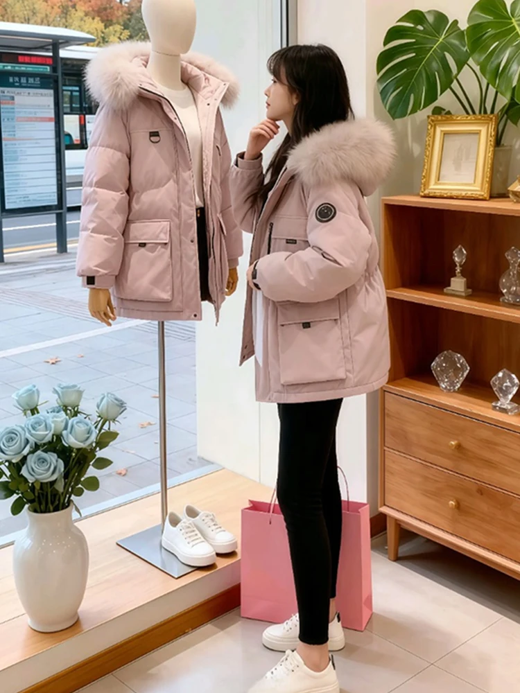

Новая женская утепленная парка 2026 года с большим меховым воротником, свободного кроя, в корейском стиле, для повседневной носки, зимнее пальто