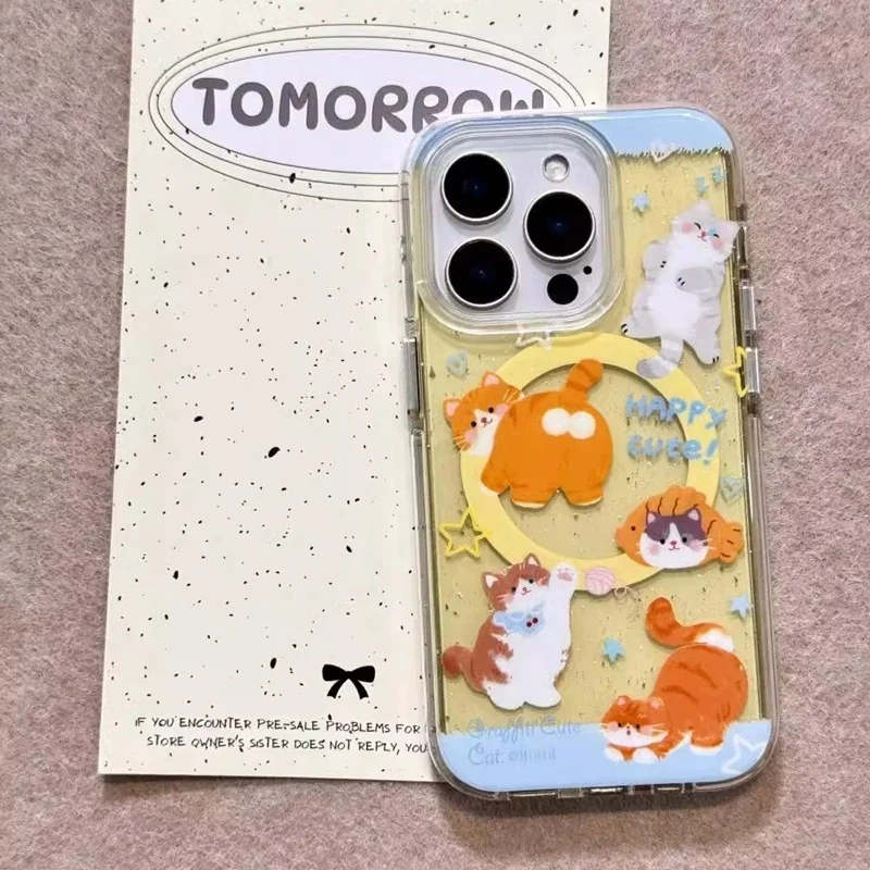 Magnetic painted semi transparent orange cat phone case with rotating magnetic bracket for iPhone 11 12 13 14 15 16 17 pro max