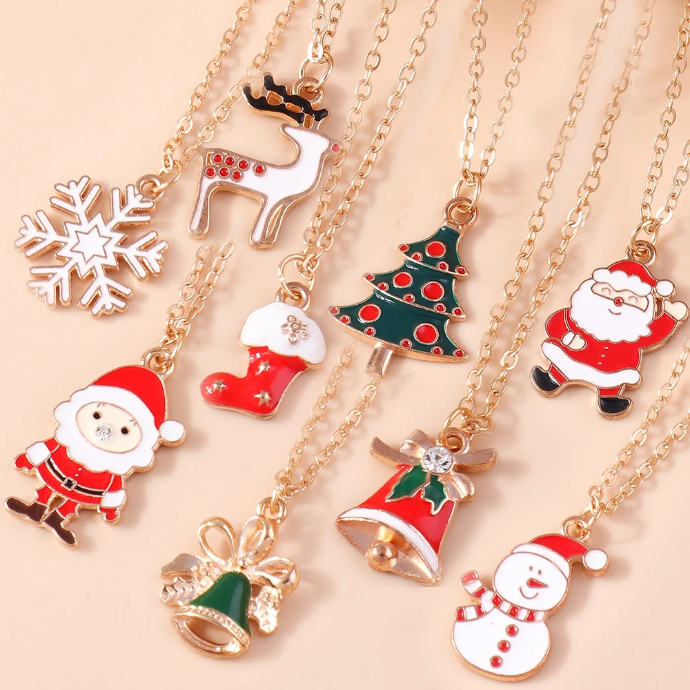 Leslie New Christmas Necklaces Enamel Santa Tree Sock Snowman Bell Pendant Necklace For Women Girls Happy New Year Jewelry Gifts