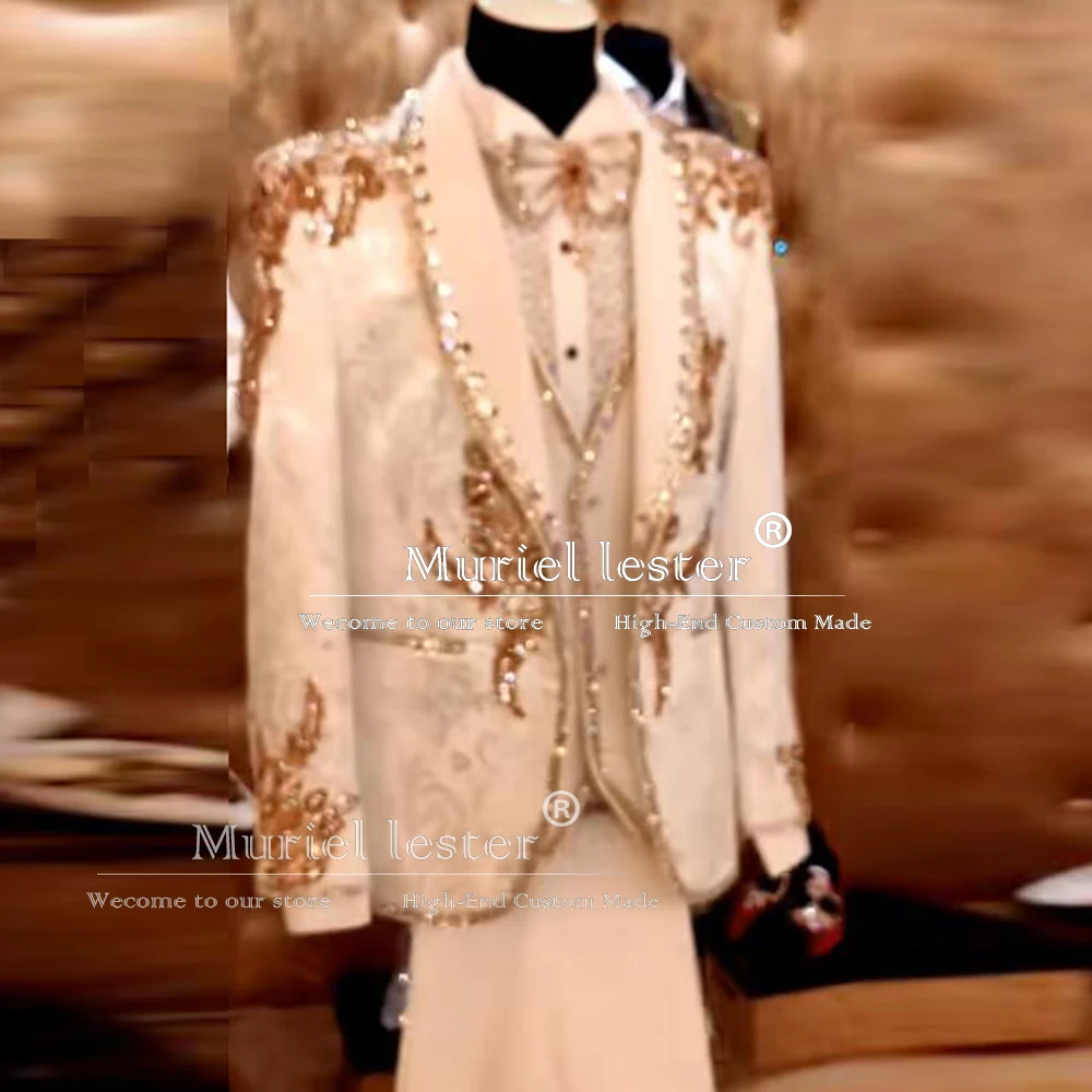 Ivory Floral Pattern Suits Men For Wedding Crystals Jewelry Beaded Prom Blazer Customized 3-Piece Formal Occasion Groom Tuxedo