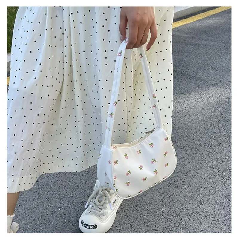 1 Piece Korean Simplicity Shoulder Bag for Student Girl Beige Color Floral Handbag Outdoor Smart Phone Lipstick Storage Bag