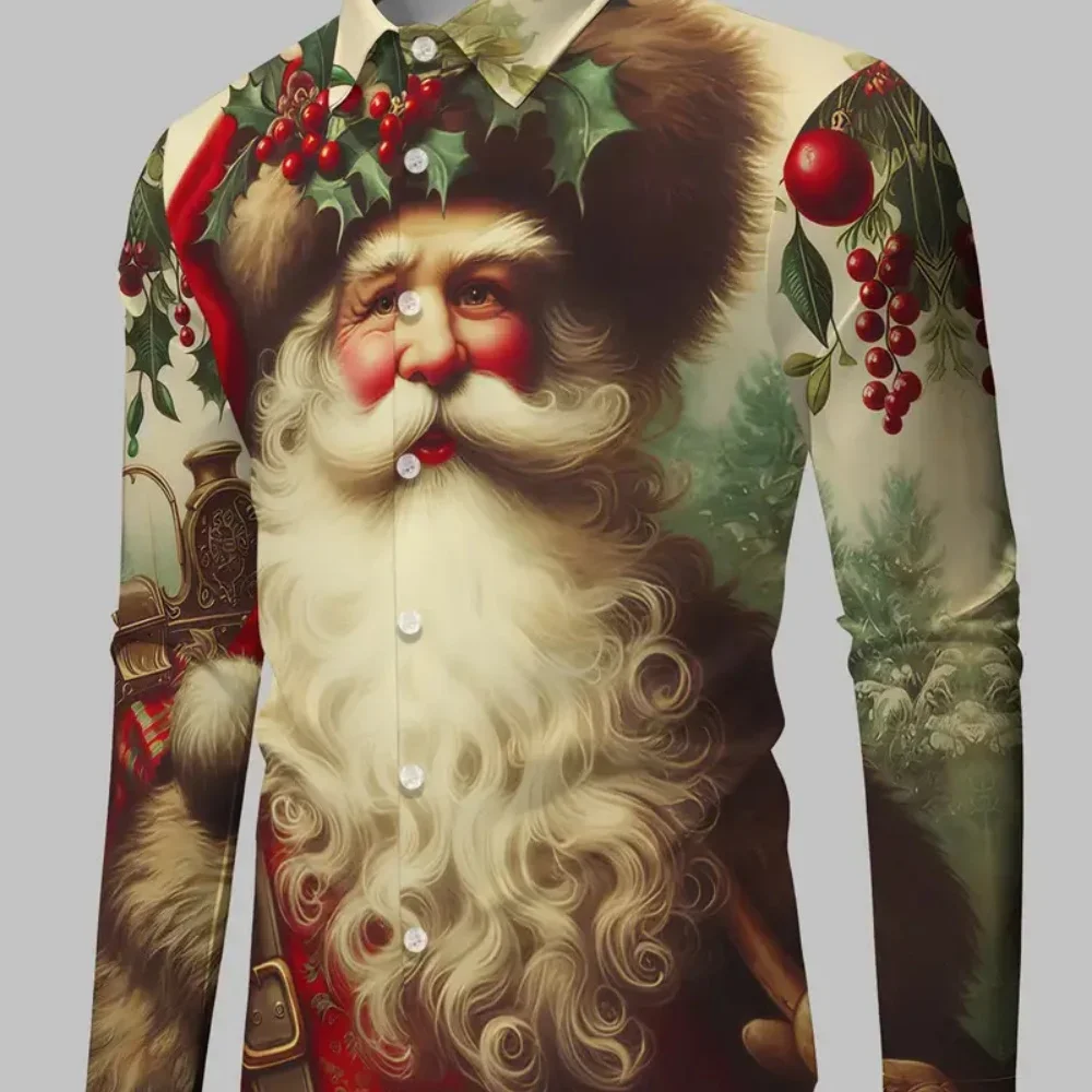 

Men's Christmas Elderly 3D Party Long Sleeve Shirt Cartoon Snowman Printed Lapel Button Casual Plus Size Comfortable Soft Fabric