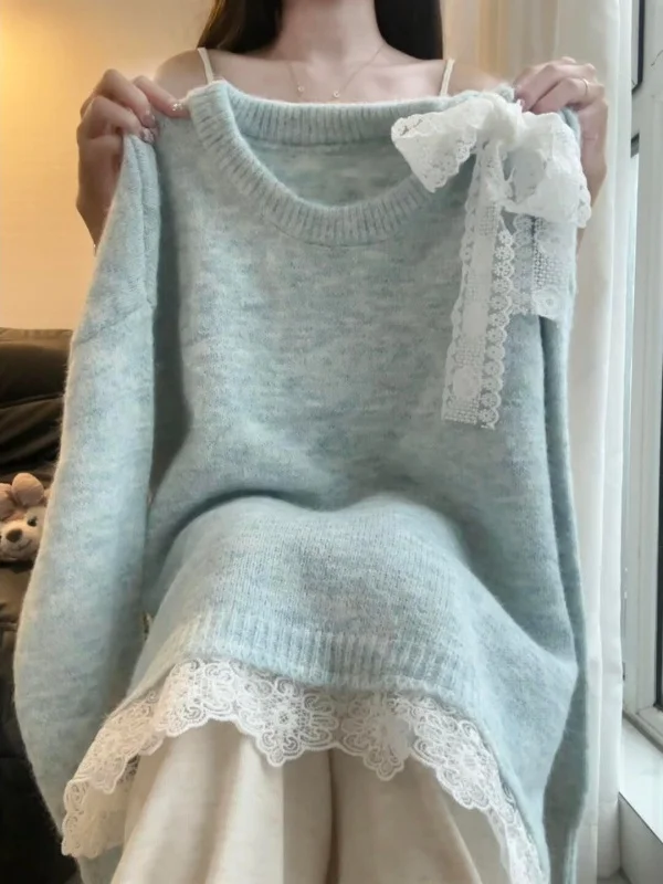 

Модный женский вязаный свитер Sweet Aosphere Lazy Shoulder для подружек невесты, синий, весенний, с кружевным узлом, свободного кроя, мягкий
