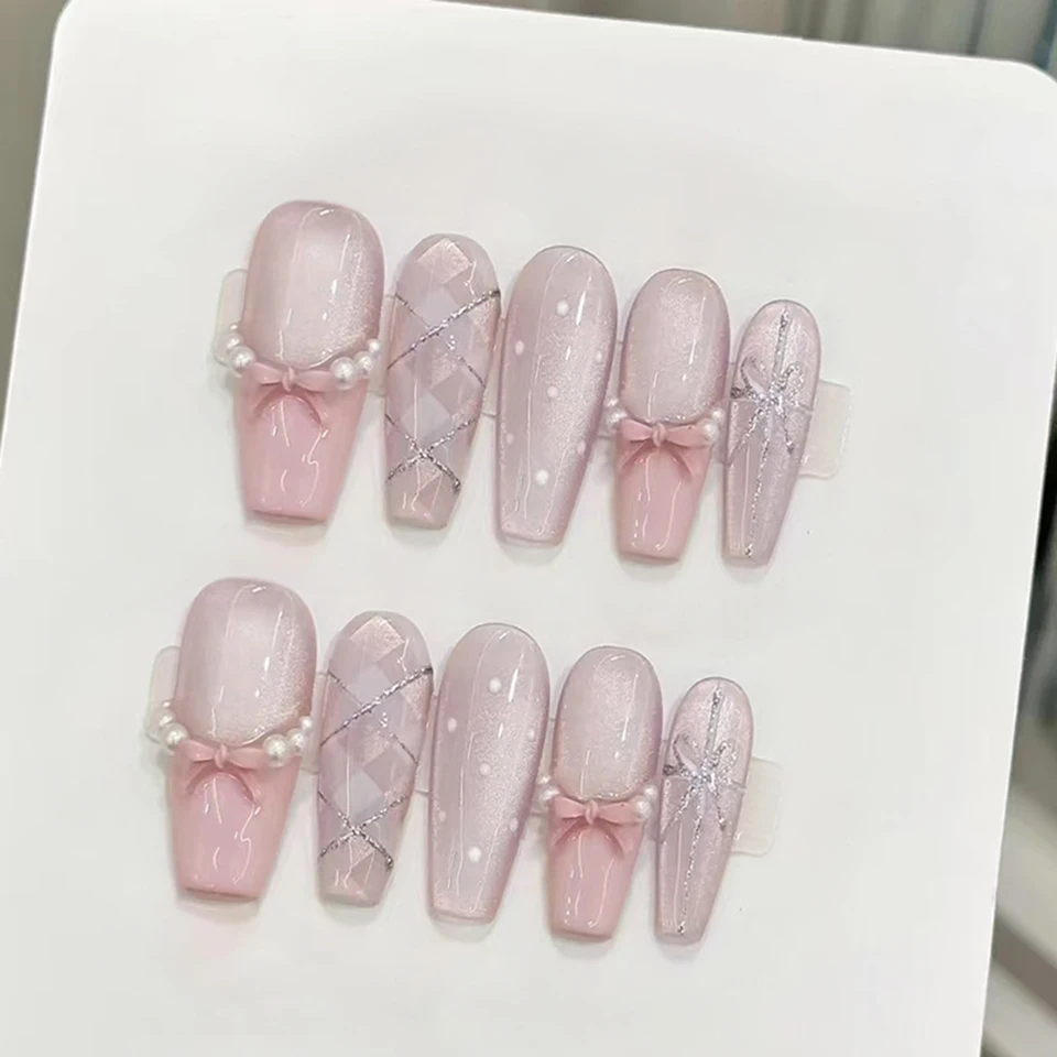 24 Uñas Postizas Francesas Blancas con Moño 3D, Cobertura Completa, Desmontables, para Mujeres y Chicas 4