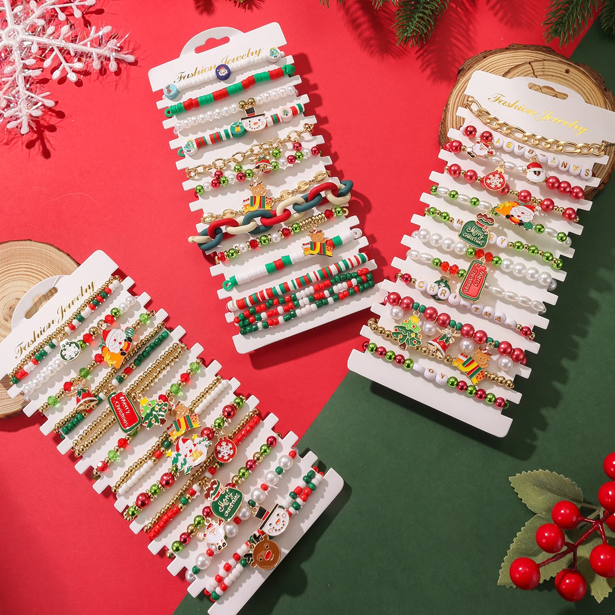 36Pcs Fashion Colored Snowman Christmas Tree Pendant Polymer Clay Beaded Bracelet Set For Women Christmas Party Jewelry Gift