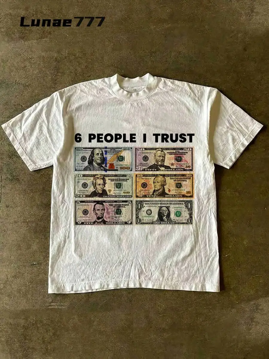 Women & Unisex Y2K Graphic Print  T-Shirt, 6 People I Trust Dollar Bill Slogan Streetwear Style, Oversized Short Sleeve Tee, Casual Summer Tops