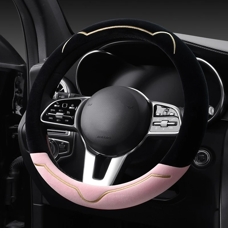 2023 New simple cat ears series plush winter car steering wheel cover warm wear resistant car handle cover
