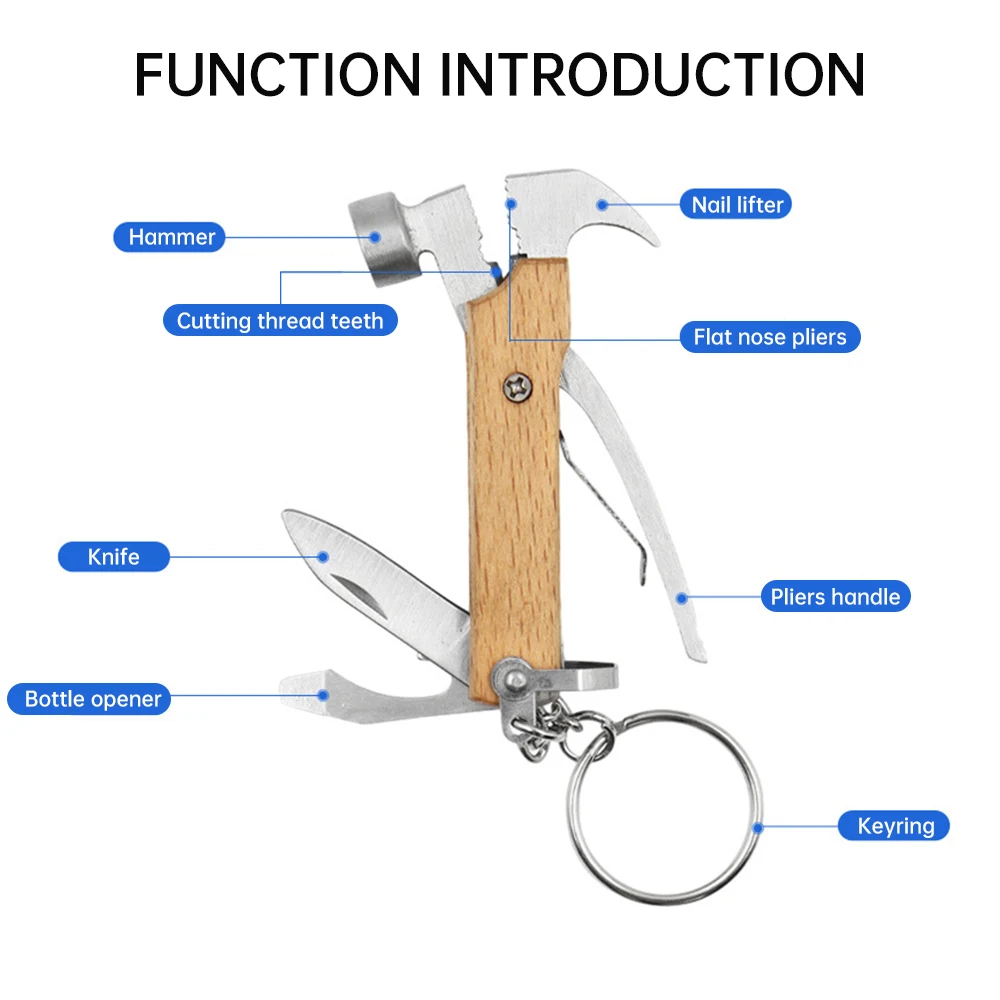 Multifunctional Hammer Outdoor Portable Mini Beech Hammer Stainless Steel Knife Bottle Opener With Keychain