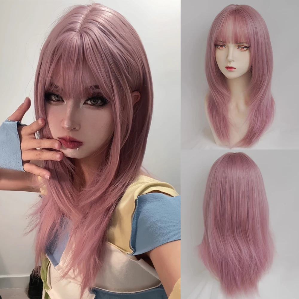 Synthetic Pink Purple Medium Long Straight Wigs with Bangs Women Natural Lolita Cosplay Wolf Tail Hair Wig for Daily Party