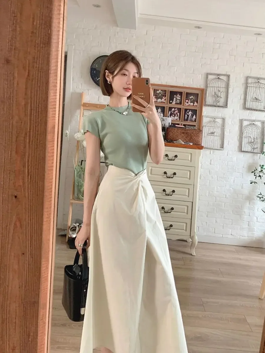 

Summer Commuter Women Set New Korean Style Elegant Slim Short Sleeve T-shirt Top Half Skirt Set Two Piece Sets Women Outfits