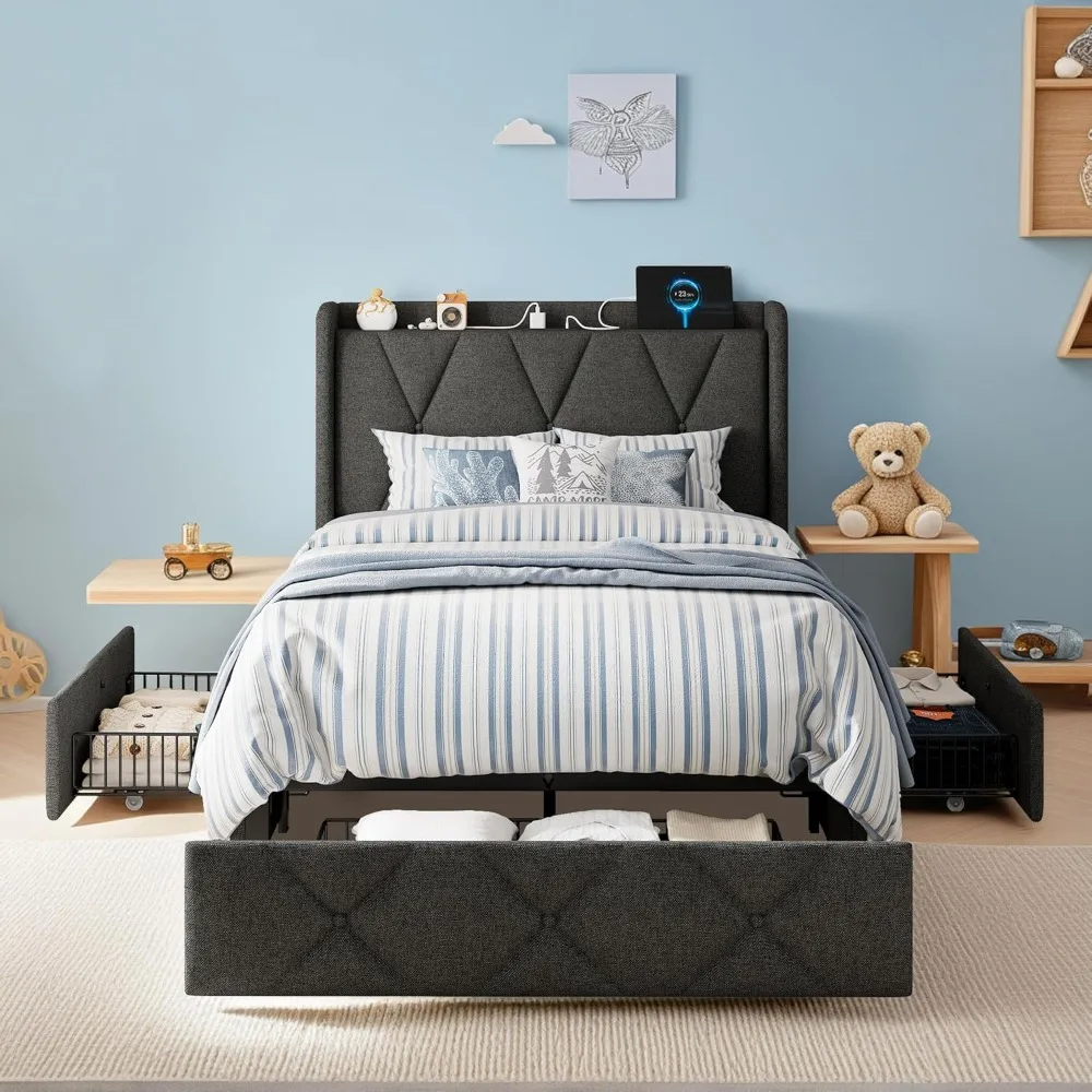 

Twin Storage Bed Frame with 3 Large Drawers, Platform Bed with Upholstered Button Headboard & Charging Station, Wingback Storage