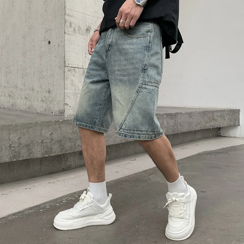 High End Light Colored Straight Leg Men'S Denim Shorts Summer Trend Fashionable Design Casual Capris