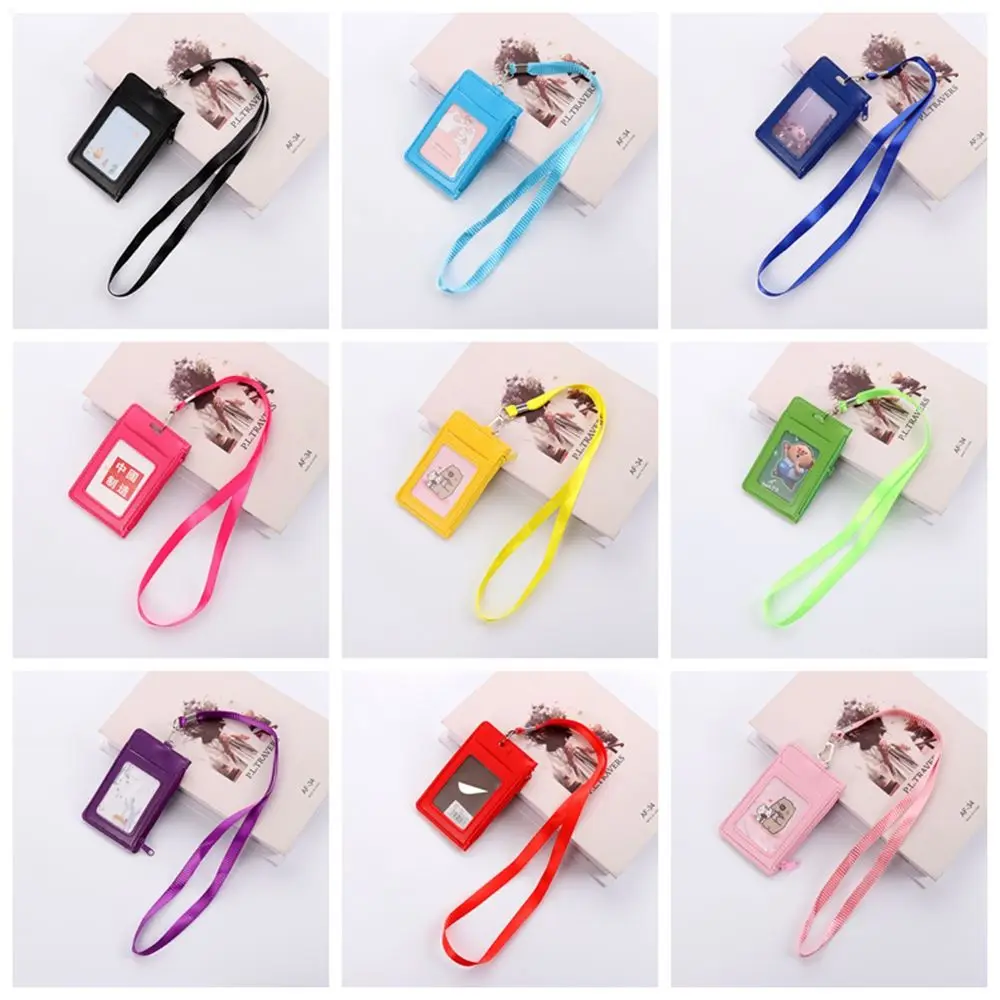 Multi colored Faux Leather With Lanyard ID Holders Card Case Zipper Bag Wallets