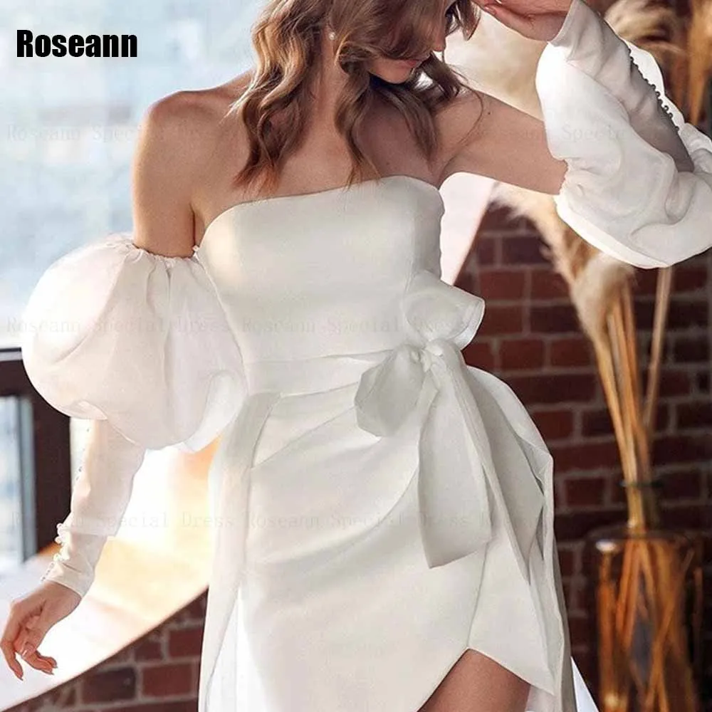 Customized High Quality 2025 Mermaid Wedding Dress Strapless Detachable Belt Puff Sleeve Bride Dress Knee Length robe de mariée