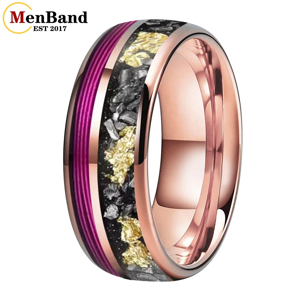 MenBand 8MM Purple Guitar String And Meteorite Gold Foil Inlay Men's And Women's Wedding Tungsten Rings,Unique Anniversary Ring
