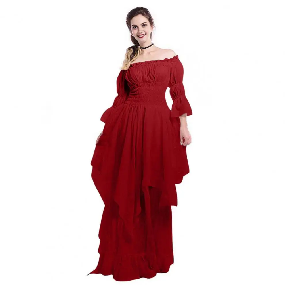 Multi-layered Mesh Dress Elegant Princess Maxi Dress with Off Shoulder Design Long Horn Sleeves Irregular for Renaissance