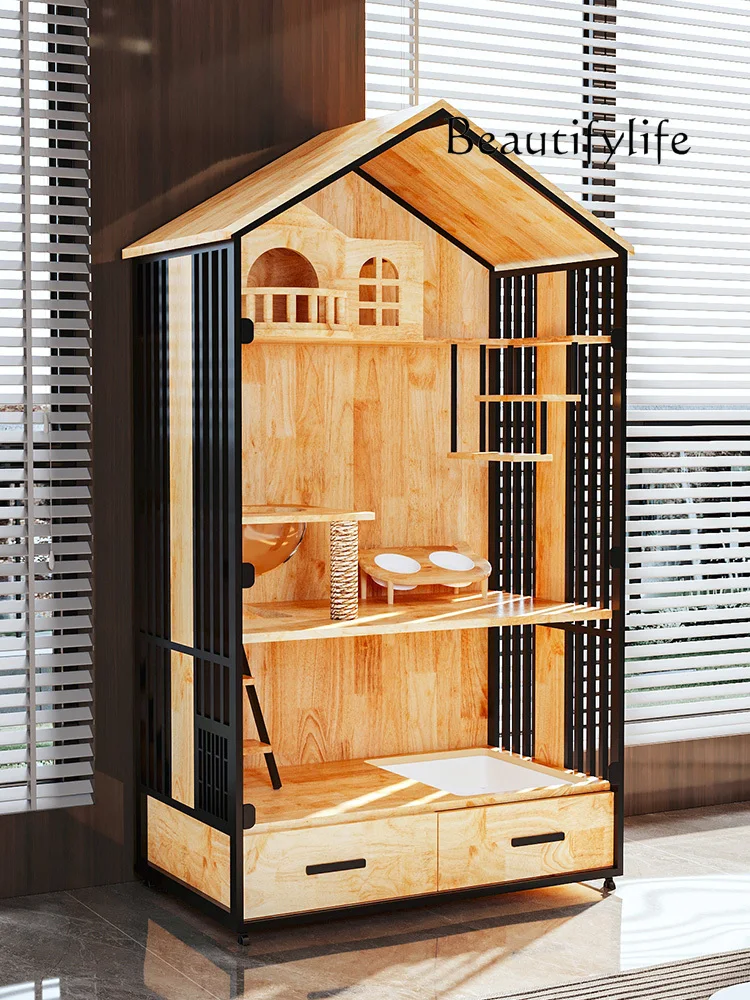 Cat Villa Solid Wood Luxury Home Indoor Cat House Panoramic Super Large Three-Layer Space Cat Cabinet