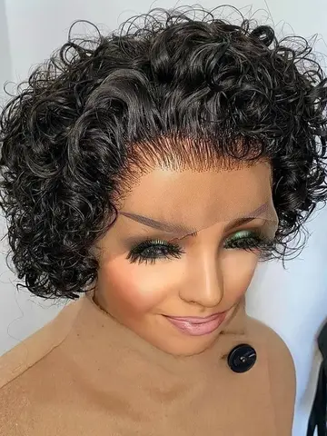 Pixie Cut Wig Colored Lace Wig Spring curl Short Bob Human Hair Wig For Women Natural Black Color Human Hair Cheap Wig 13X1