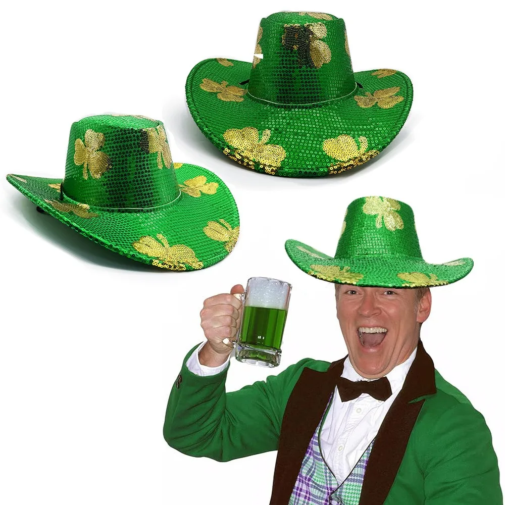 

Plush Cowboy Hat Saint Patrick's Day Hat Wide Brim Clover Shamrock Hat Luminous Shiny Green Velvet Top Hat Party Decoration
