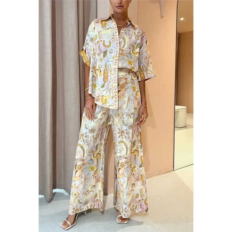 

Short Sleeve Polo-Neck Women's Two Piece Set Vintage Printed Graphic Casual Women Shirt +Loose Wide Leg Pants Summer Set