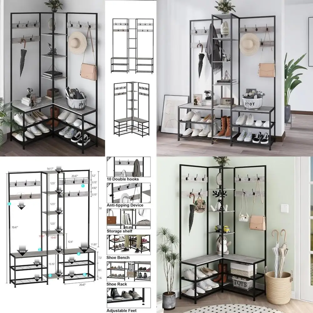 شجرة قاعة المدخل الصناعية الحديثة مع مقعد تخزين الأحذية ورف المعاطف وأرفف العرض للمنزل