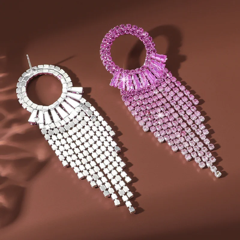 European and American Fashion Exaggerated Luxury Full Diamond Long Tassel Earrings for Women Elegant Versatile Evening Partyeari