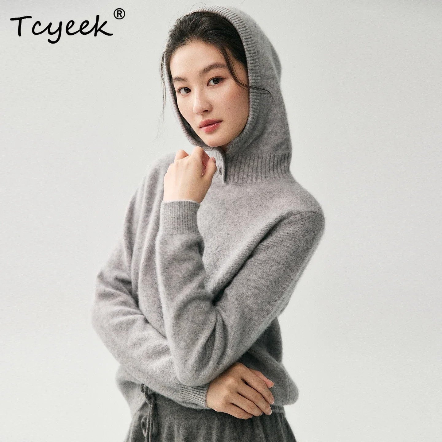 Autumn Winter Sweater Hooded Pullover 100% Cashmere Women's Sweater Warm Thicken Knit Clothing Casual Skin-friendly Two Buttons