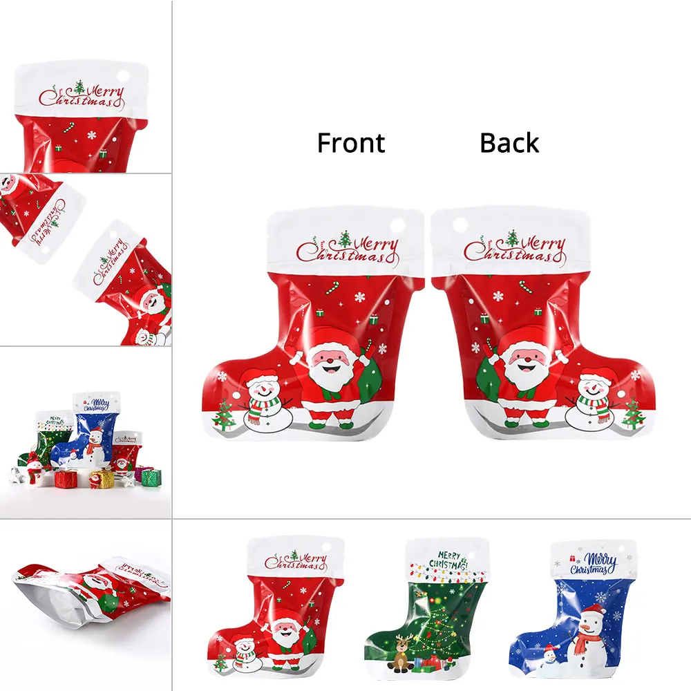 100Pcs Children Cookie  Candy Gift SnowmanHanging Stocking Pouch Stand Up Ziplock Aluminum Foil Christmas Zipper Bags