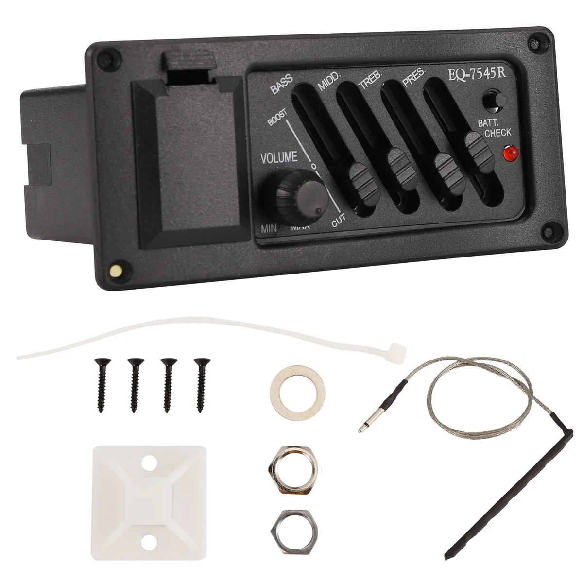 Complete Kit EQ Pre-Amp plus Pickup for Acoustic Guitar 7545R-4 Bands plus Colume Control, Supplied with A Battery Box