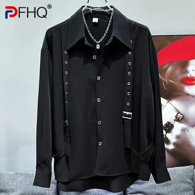 PFHQ Niche Personalized Men's Shirts Ribbon Decoration Splicing Design Korean High Quality Solid Color Summer Tops New 21Z4615