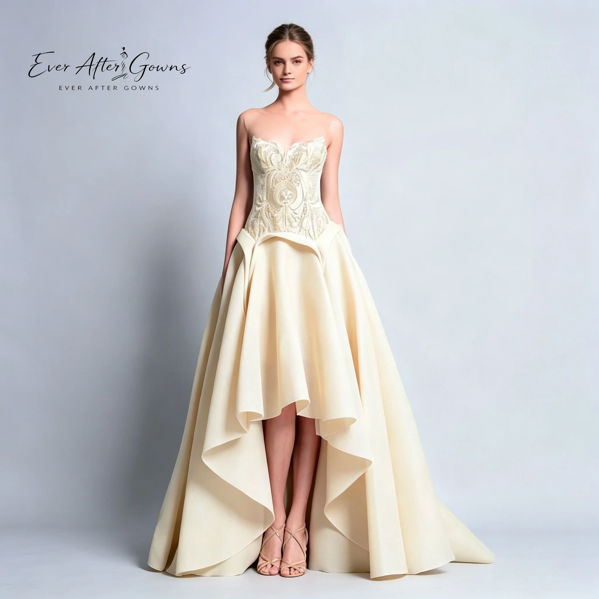 Ever After Gowns Champagne Strapless Lace Corset Wedding Dress High Low Ruffle Satin Ball Gown With Train