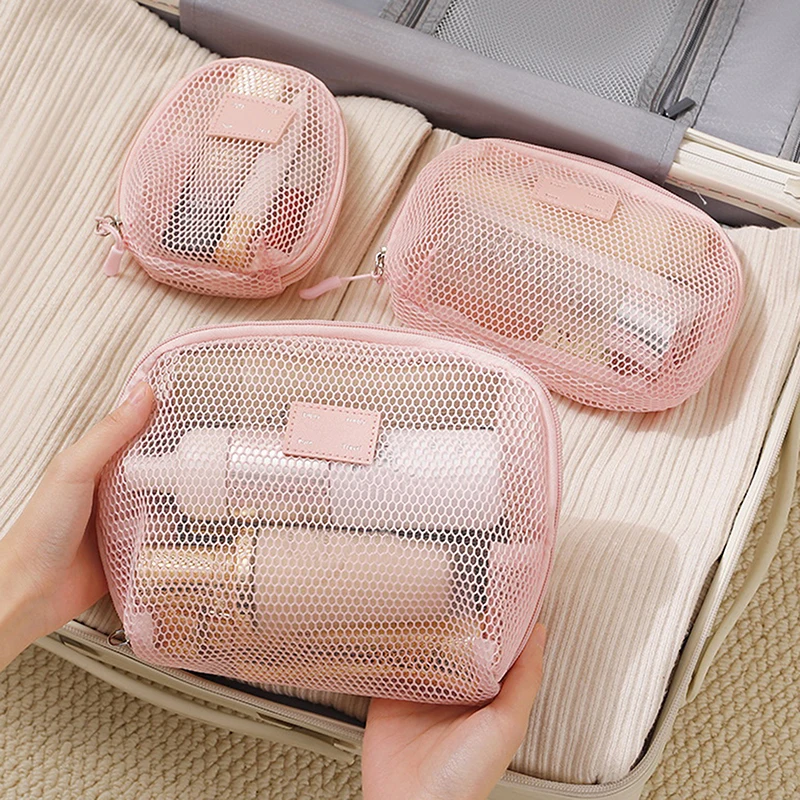 

Solid Color Mesh Cosmetic Bag Lightweight Transparent Makeup Pouch Multi-function Handheld Cosmetic Organizer Lipstick Organizer