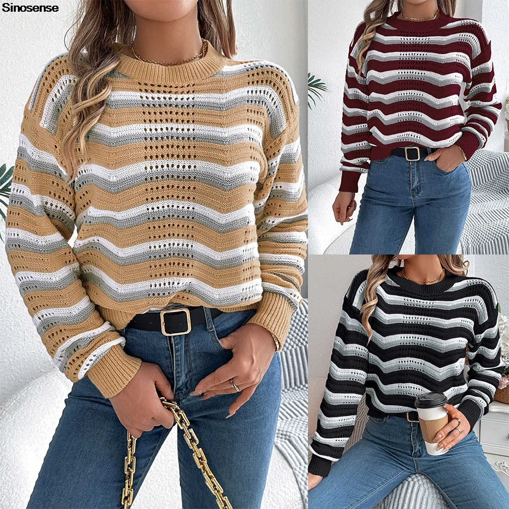 

Women's Crew Neck Long Sleeve Striped Sweaters Sexy Hollow Out Pullover Ribbed Knit Tops Casual Daily Date Work Office Sweater
