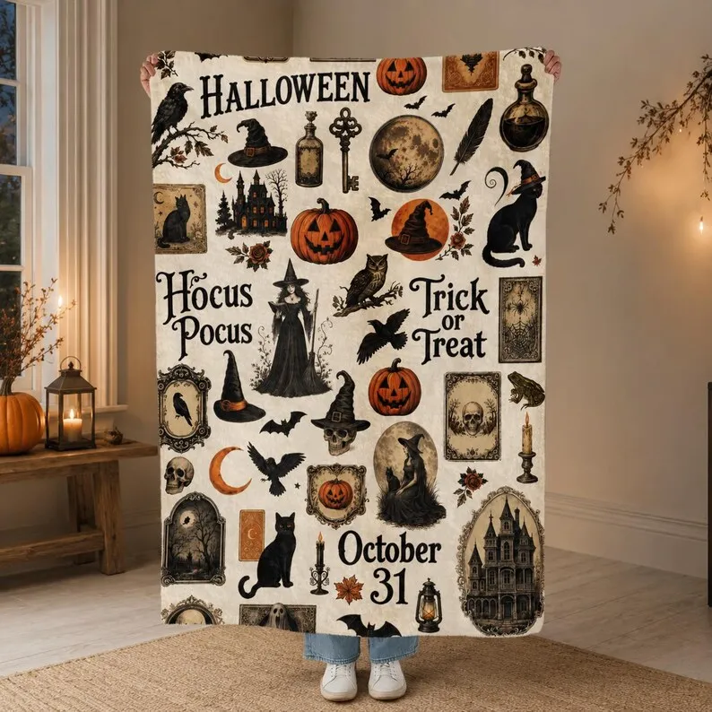 Vintage Halloween Fleece Blanket, Halloween Throw Blanket, Soft Spooky Blanket, Gothic Halloween, Autumn Decor, Witch Blanket, Witch Decor