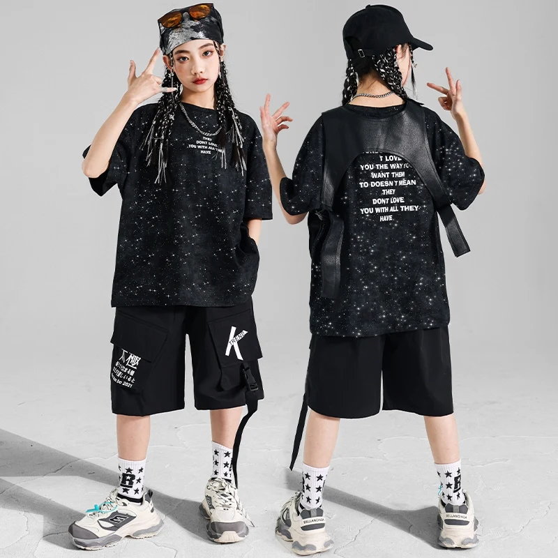 Cool Street Dance Suit Kids Black Top T-Shirt Hip Hop Shorts Girls Stage Costume Jazz Performance Outfit Fashion Streetwear 1968