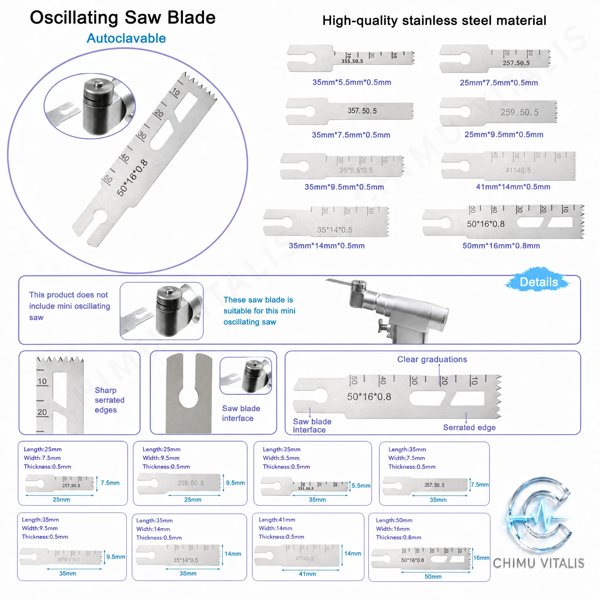 【CHIMU VITALIS】Stainless Steel Oscillating Saw Blades Multiple Sizes Replacement Metal Blade