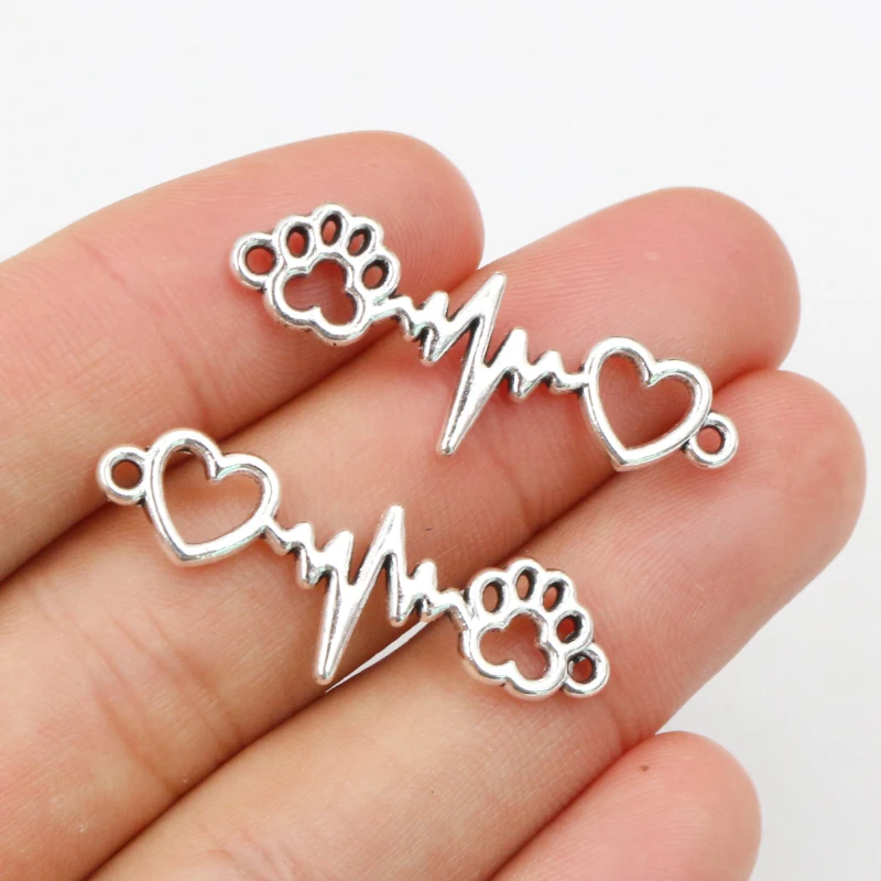 10pcs 12x34mm Charms ECG Heartbeat Connector Heart Dog Claw Link Antique Silver Color Pendant Making DIY Tibetan Finding Jewelry