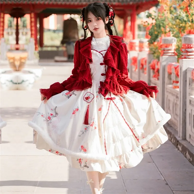 Chinese Style Knitted Cardigan Pomegranate Print Lolita JSK Dress New Year Red Thickened Dress Set