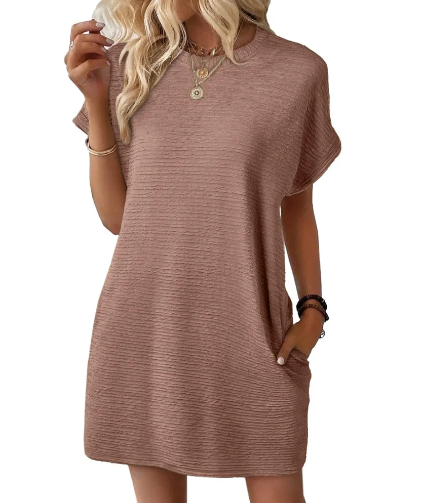 Vestido de manga corta de Color sólido con bolsillo y cuello redondo suelto para mujer novedad de verano vestido Midi
