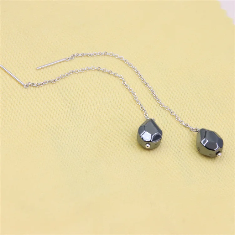 ZFSILVER Earrings Sterling 925 Silver Stone Waterdrop Black Hematite Ear Line Eardrop For Women Jewelry Drop Gifts  Girl  Party