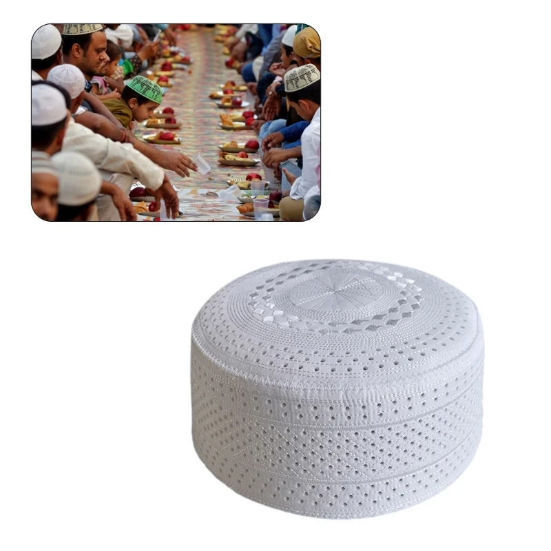 Ethnic Prayer Hat Men Teenager Boys Islamic Kufi Headwear Embroidery White Skull Turban 54-58cm