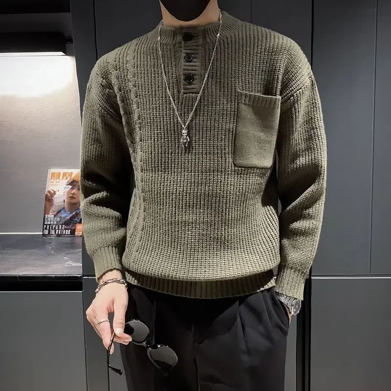 Pullover uomo con tasche maglieria tinta unita maglione lavorato a maglia da uomo spesso manica lunga alta qualità vestibilità ampia Y2k tessuto originale