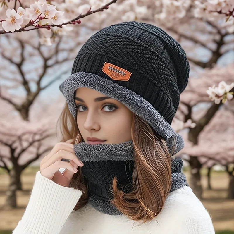 2pcs Winter Men Women Thick Beanie Hat Knitted Hat Winter Cap Beanie Female Wool Neck Scarf Cap Balaclava Mask Bonnet Hats Set