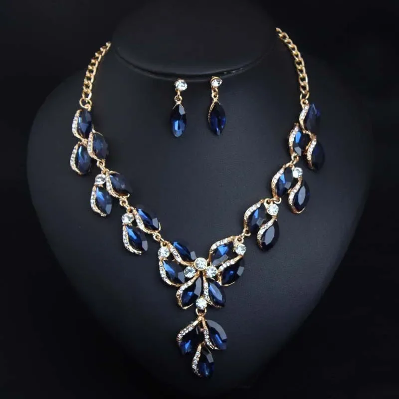 

Romantic Zircon Horse Eye Green Leaf Crystal Jewelry Sets Ladies Bridal Necklace Earrings Sets for Wedding Party