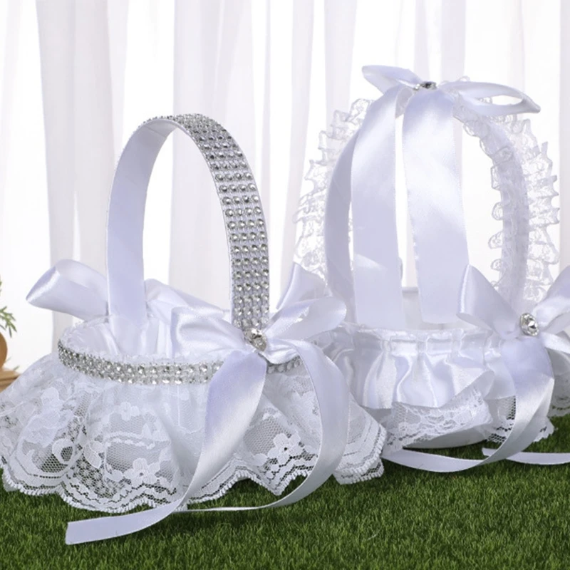 ZB91 Flower Basket for Wedding Ceremony Satin Lace Decor with Bows Faux Flowers Candy Gift Bag for Banquet Daily Use