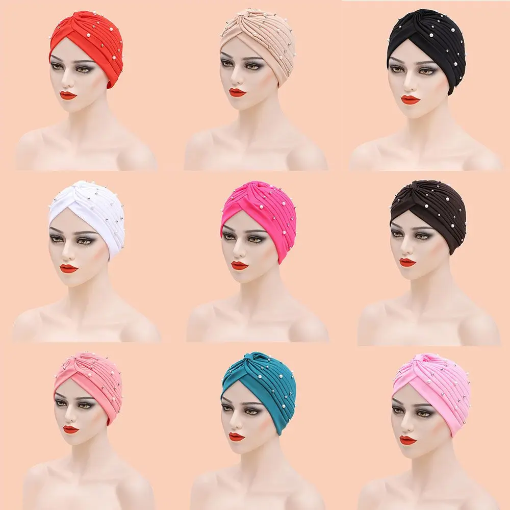 عمامة مسلمة مع طيات لؤلؤ للنساء ، حجاب داخلي إسلامي ، لفافة رأس للعرب ، أغطية رأس عصرية للإناث ، 1:
