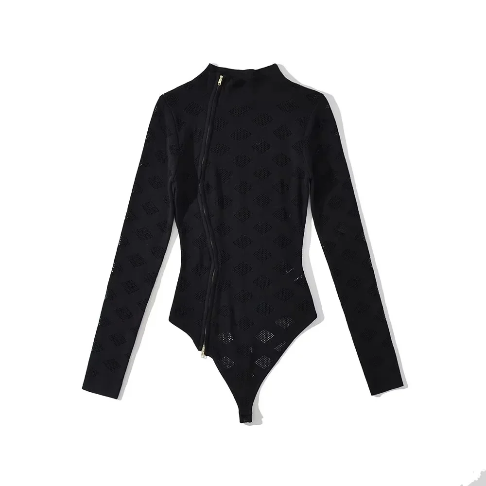 Double Zipper Women Knitted Zipper Mock-neck Bodysuits Elastic Slim Long Sleeve Solid Color Jumpsuits Hollow Out Sexy Tops