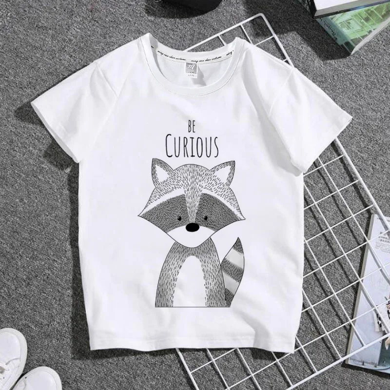 Respirável em torno do pescoço personalidade t-shirt, bonito animal pequeno impressão, cartas de moda, roupas pai-filho, meninos e meninas roupas, novo