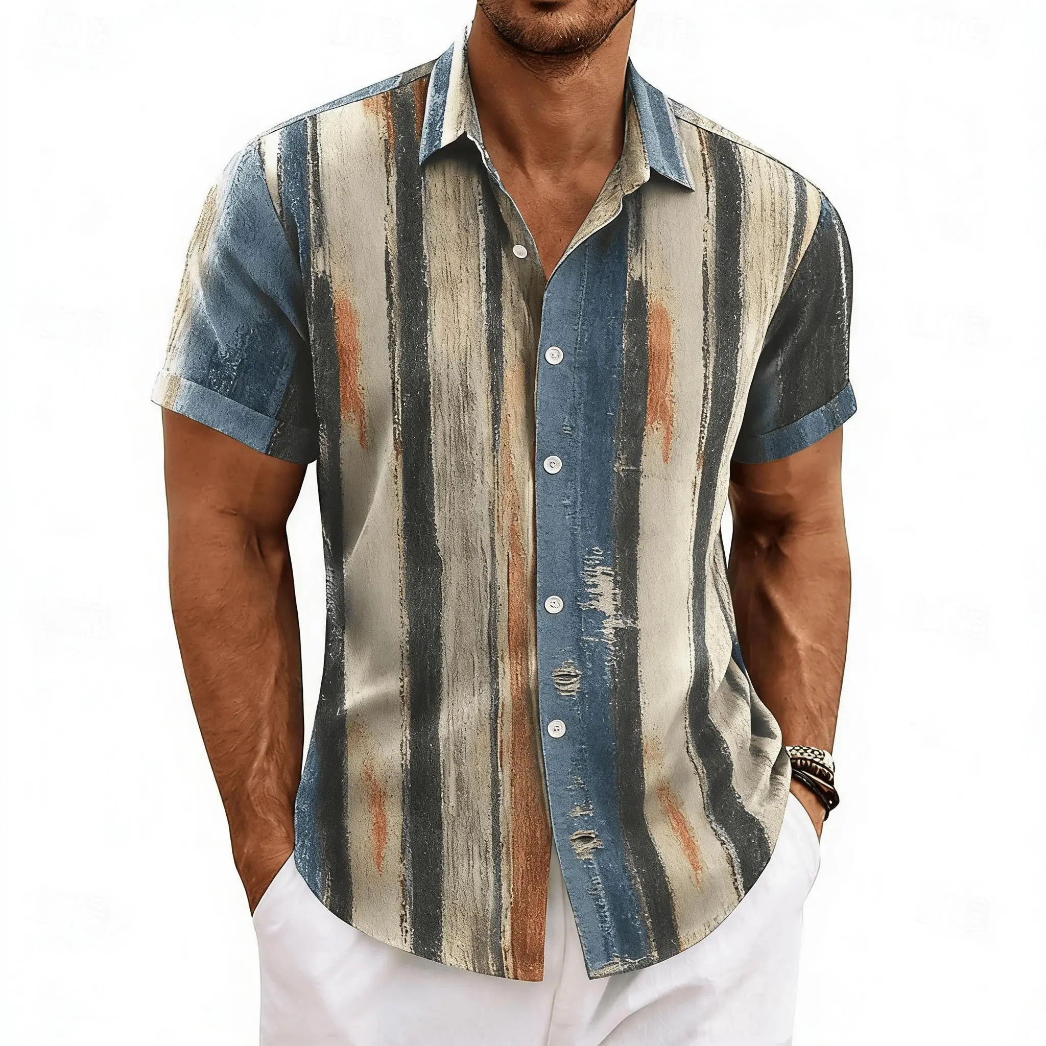Herren Vintage Hemd mit vertikalen Streifen und Farbblock-Print, Kurzarm, Frühling/Sommer Retro Casual Top, mit Taschen und Reverskragen